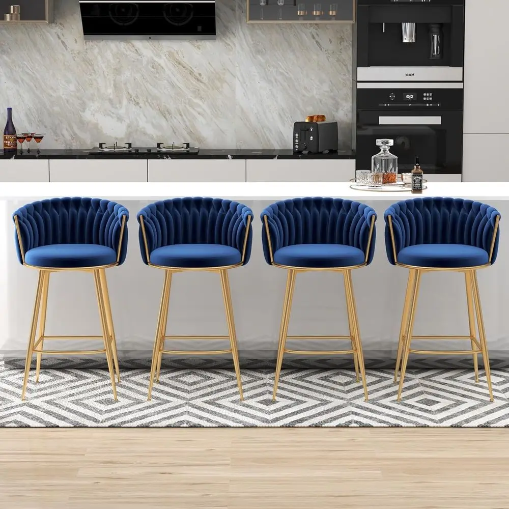 Set of 4 Velvet Bar Stools, 27 High, Comfortable Seats, Woven Backrests, Metal Legs, Blue
Set of 4 Velvet Bar Stools, 27 High, Comfortable Seats, Woven Backrests, Metal Legs, Blue