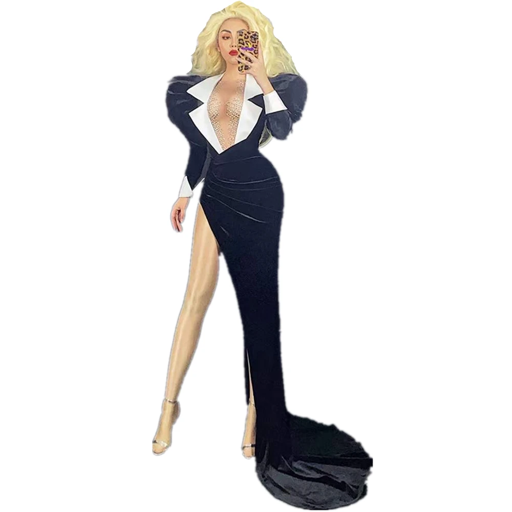 Women Sexy Black Tow Piece Dress Bodysuit Puff Sleeve Split Long Trailing Rhinestones Stage Fashion Show Costumes Evening Wear
Women Sexy Black Tow Piece Dress Bodysuit Puff Sleeve Split Long Trailing Rhinestones Stage Fashion Show Costumes Evening Wear