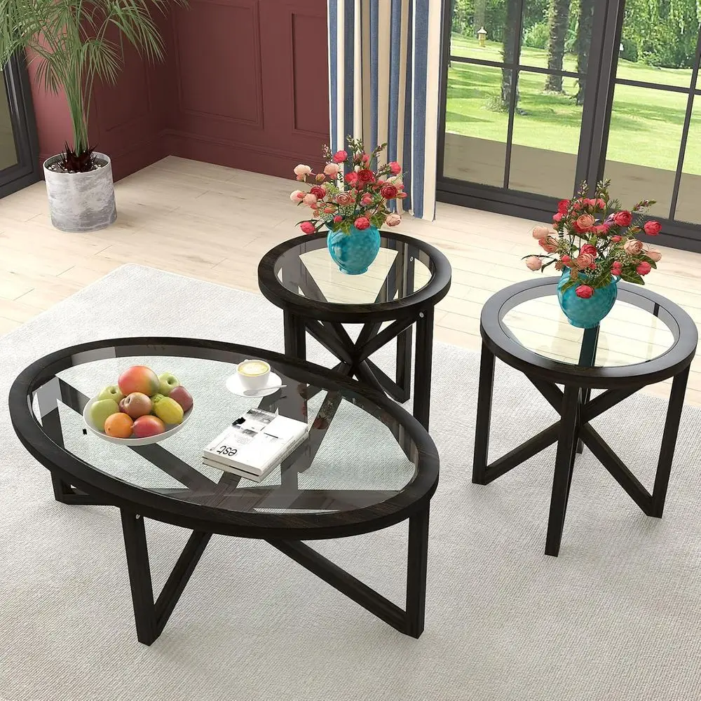 Round Coffee Table Set with 2 End Tables, Tempered Glass and Solid Wood, Ideal for Small Living Rooms (Black)
Round Coffee Table Set with 2 End Tables, Tempered Glass and Solid Wood, Ideal for Small Living Rooms (Black)