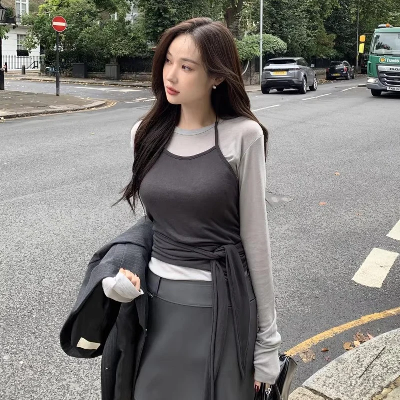 Chic Autumn Thin Pure Color Long Sve Knitted Base T-irt with Hanging Ne Tie Set Women's Faion Set Two-Piece Suit
Chic Autumn Thin Pure Color Long Sve Knitted Base T-irt with Hanging Ne Tie Set Women's Faion Set Two-Piece Suit