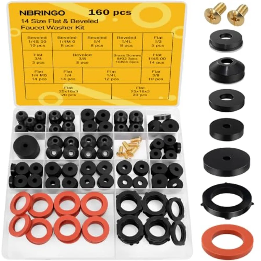 160 Pieces Hose Bib Washer and Faucet Washers Assorted Kit 14 Sizes - Includes Hose Gaskets, Flat and Beveled Rubber Washers, B
160 Pieces Hose Bib Washer and Faucet Washers Assorted Kit 14 Sizes - Includes Hose Gaskets, Flat and Beveled Rubber Washers, B