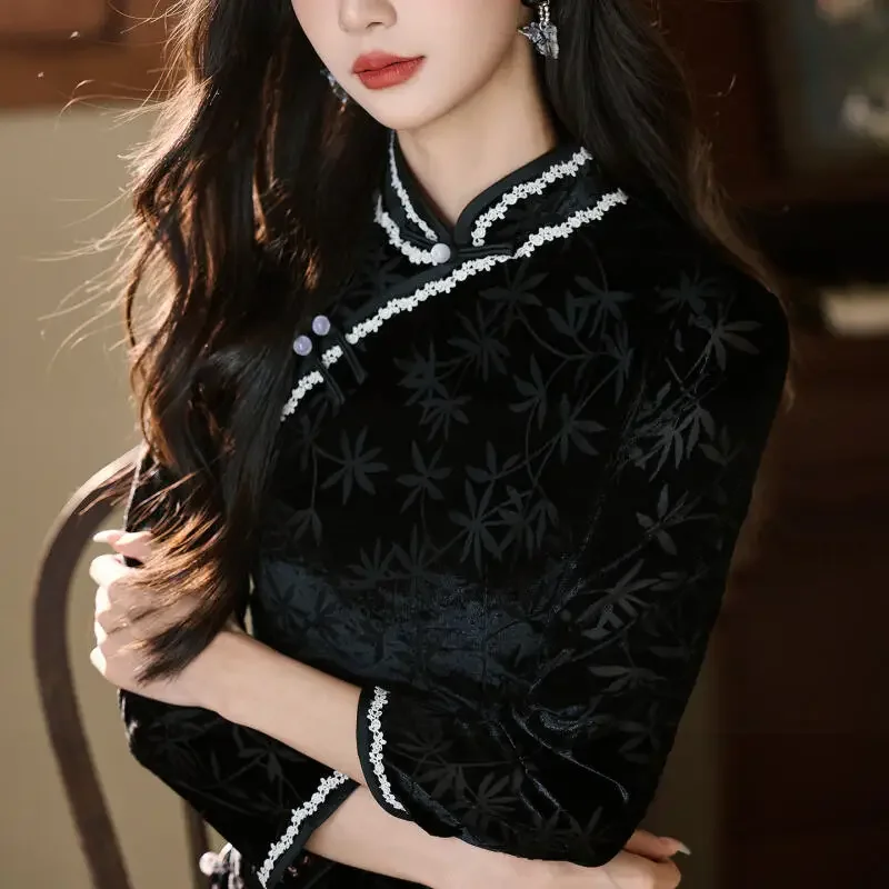Women Sexy Chesongam Tradition Mandarin Collar Qipao Black Velour Qipao Print Vestidos Hanfu Autumn Winter New Chinese Dress
Women Sexy Chesongam Tradition Mandarin Collar Qipao Black Velour Qipao Print Vestidos Hanfu Autumn Winter New Chinese Dress