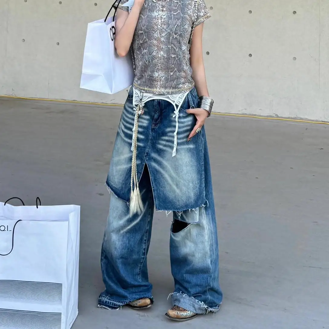 American High Street Design Sense Heavy Industry Ripped Jeans Women Summer New Hot Girl Fake Two-Piece Floor Trousers
American High Street Design Sense Heavy Industry Ripped Jeans Women Summer New Hot Girl Fake Two-Piece Floor Trousers
