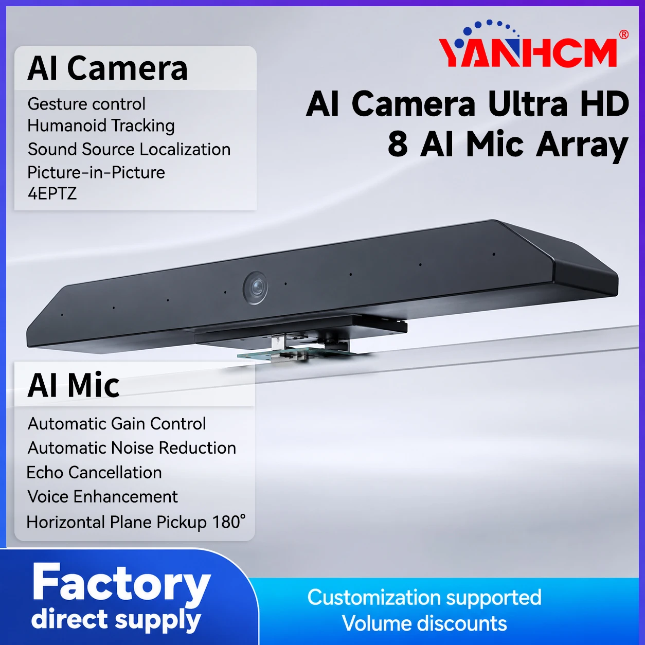 8MP AI Video Camera 1080P 4K HD 8 Array Mic FF USB Plug and Play Human Tracking Sound Source Localization Video Conferencing
8MP AI Video Camera 1080P 4K HD 8 Array Mic FF USB Plug and Play Human Tracking Sound Source Localization Video Conferencing