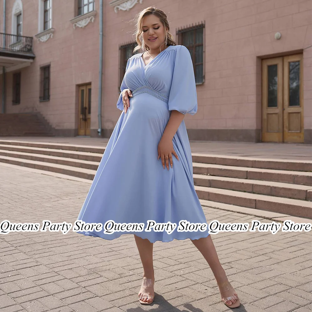 Plus Size Mother of The Bride Dress Puff Sleeves V Neck Pearls High Waist Tea Length A Line Wedding Guest Gown for Woman
Plus Size Mother of The Bride Dress Puff Sleeves V Neck Pearls High Waist Tea Length A Line Wedding Guest Gown for Woman
