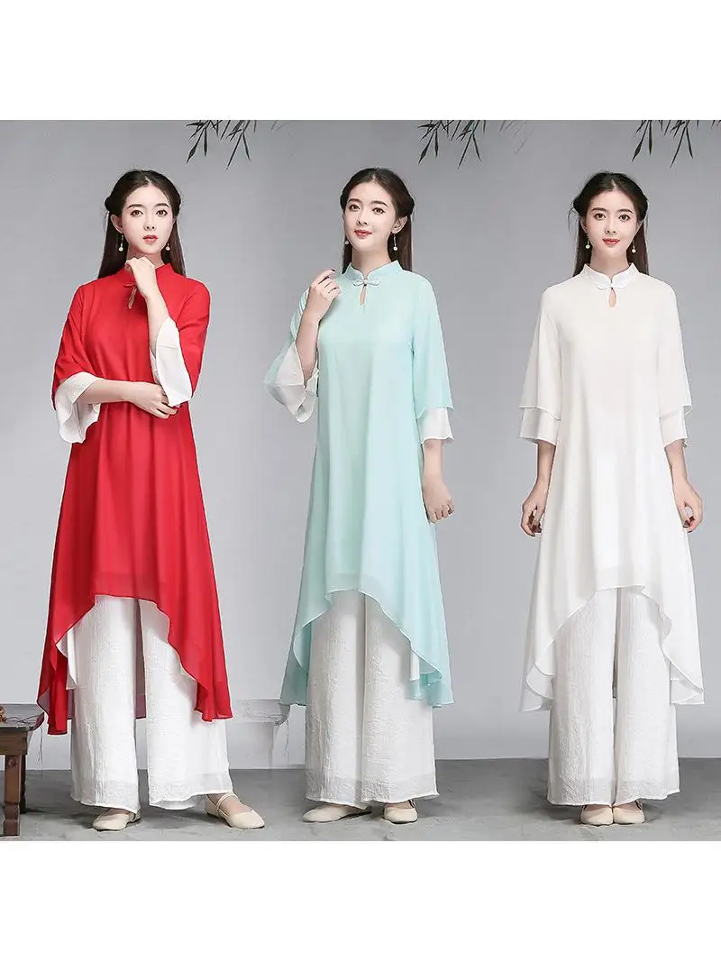 Retro Style Tea Ceremony Dress Zen Dance Outfit Two-Piece Set Long Pants Women's Fashion Ensemble Chiffon Kimono Hanfu Set
Retro Style Tea Ceremony Dress Zen Dance Outfit Two-Piece Set Long Pants Women's Fashion Ensemble Chiffon Kimono Hanfu Set