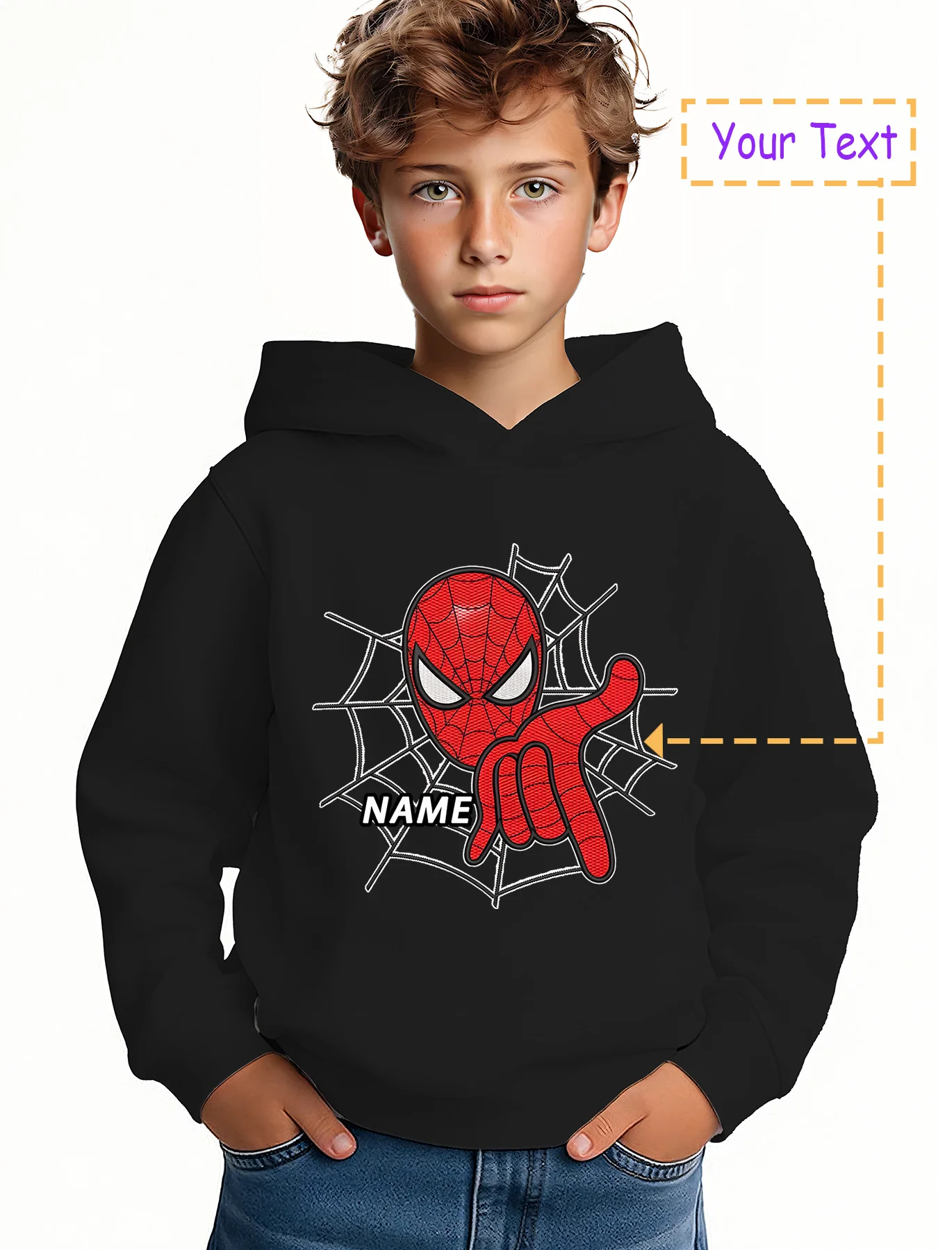MINISO Spider-Man Hand Sign Hoodie for Kids - Spider-Man's classic hand sign and web, a must-have for school or street style 
MINISO Spider-Man Hand Sign Hoodie for Kids - Spider-Man's classic hand sign and web, a must-have for school or street style