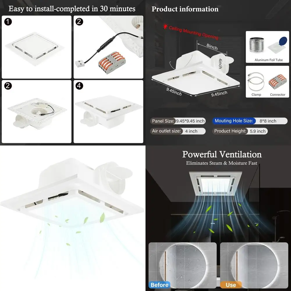 4-Inch Quiet Bathroom Ceiling Ventilation Fan with 6500K LED Light, 1200 Lumens, 125 CM, 9.5 Panel
4-Inch Quiet Bathroom Ceiling Ventilation Fan with 6500K LED Light, 1200 Lumens, 125 CM, 9.5 Panel
