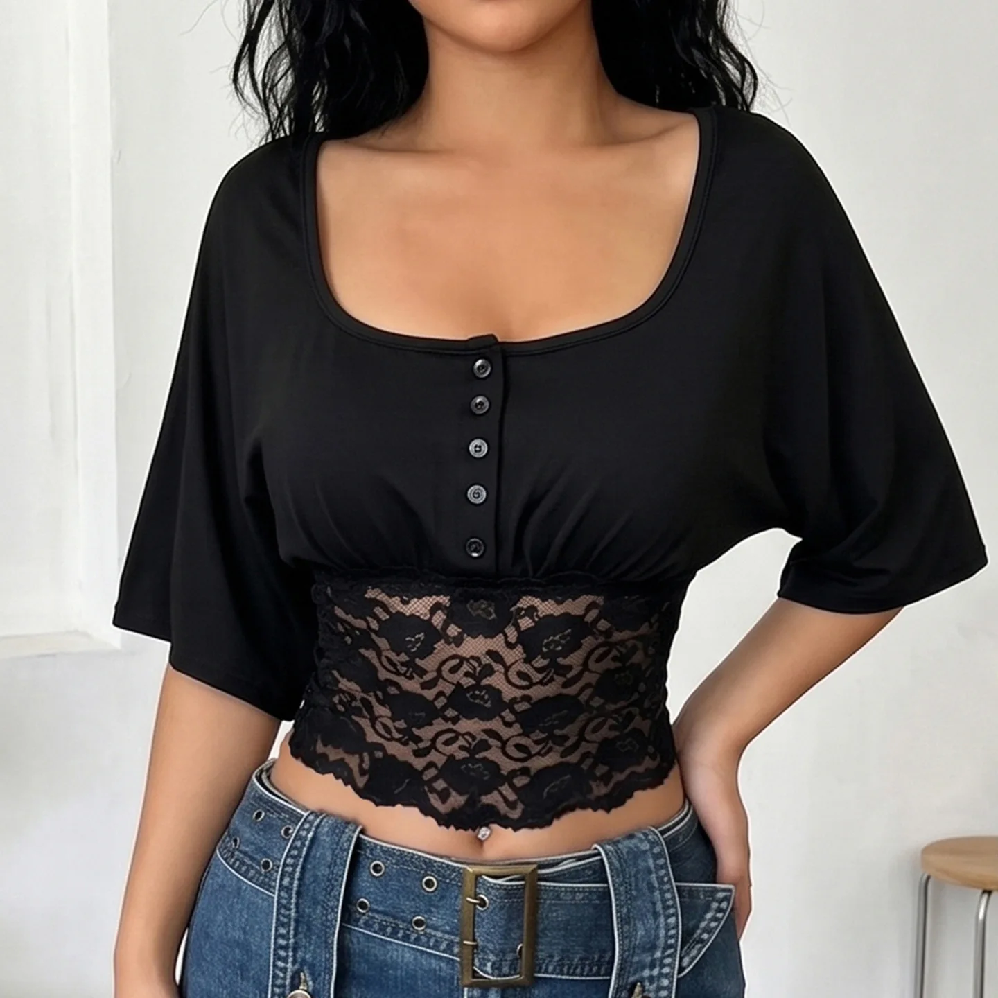 Minimalist Thin Black Lace Corset Crop Top Square Neck Batwing Sleeve Top With Lace Waist Detail For Women Y2K Streetwear Outfit
Minimalist Thin Black Lace Corset Crop Top Square Neck Batwing Sleeve Top With Lace Waist Detail For Women Y2K Streetwear Outfit