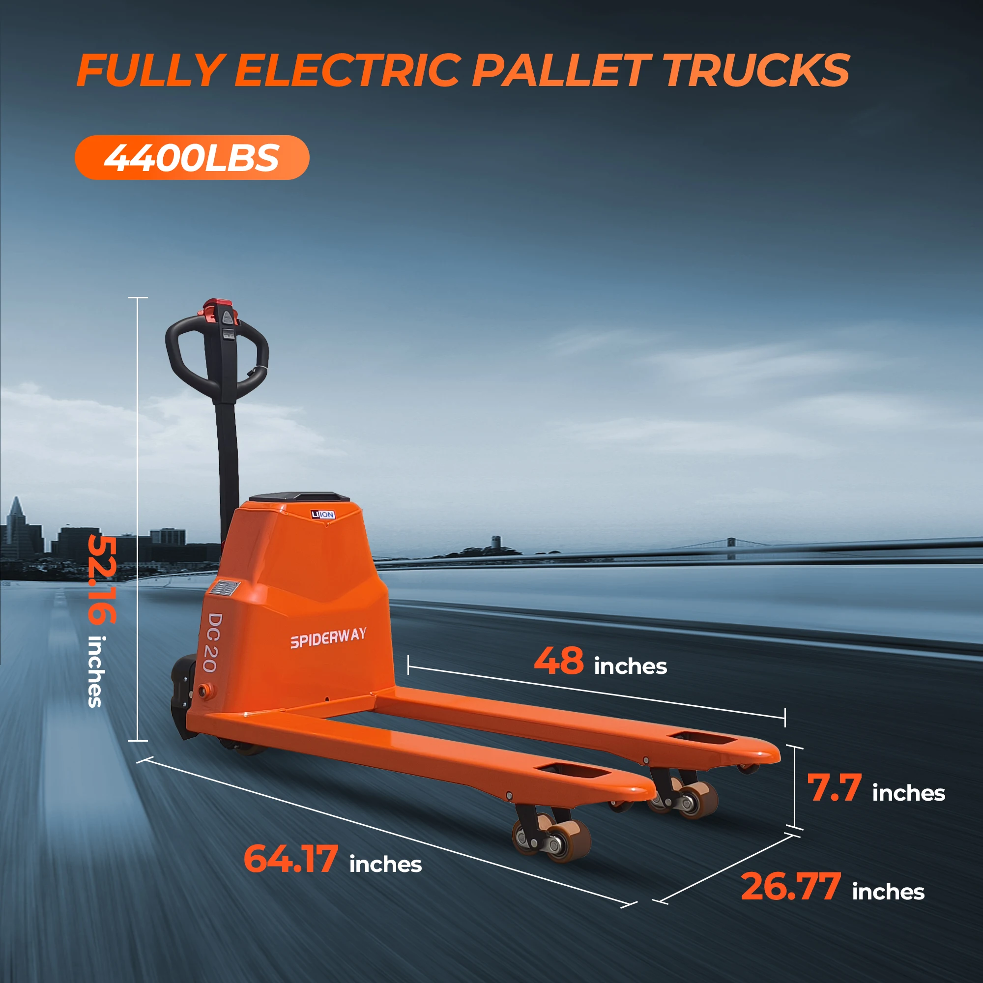 Electric Pallet Jack,4400lbs Heavy Duty Electric Pallet Lift Trucks,With 48 x 27 Forks Size Li-ion Battery for Indoor Storage
Electric Pallet Jack,4400lbs Heavy Duty Electric Pallet Lift Trucks,With 48 x 27 Forks Size Li-ion Battery for Indoor Storage