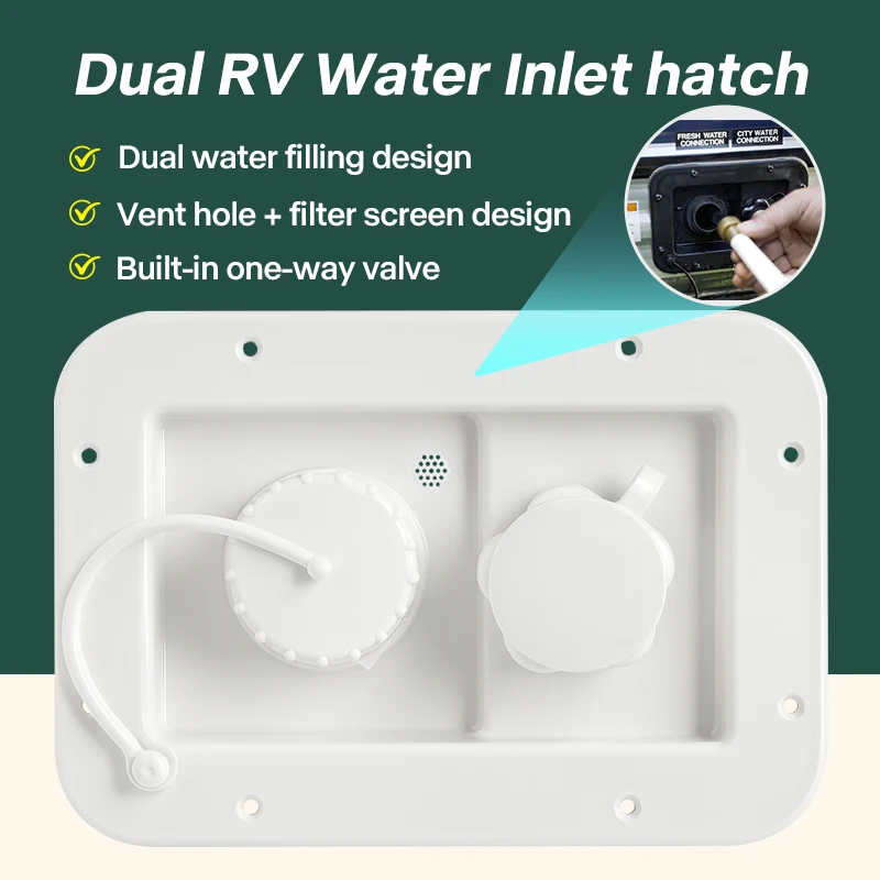 RV Water Fill Hatch Dual Design Fresh Water Tank Inlet and City Water Hookup with Check Valve for Motorhome Camper Trailer
RV Water Fill Hatch Dual Design Fresh Water Tank Inlet and City Water Hookup with Check Valve for Motorhome Camper Trailer