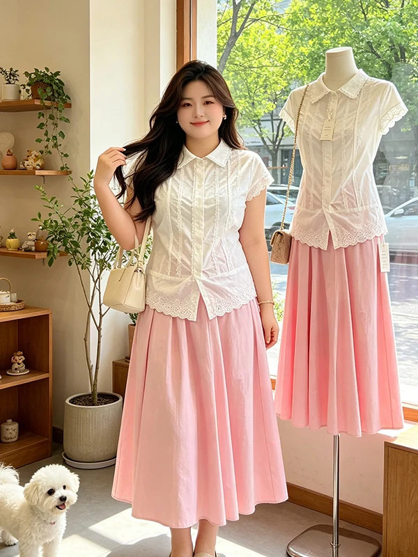 plus Size Gentle Style White Versatile Turn-down Collar Shirt A-line Skirt Set Women Summer New Slimming Two-piece Set
plus Size Gentle Style White Versatile Turn-down Collar Shirt A-line Skirt Set Women Summer New Slimming Two-piece Set