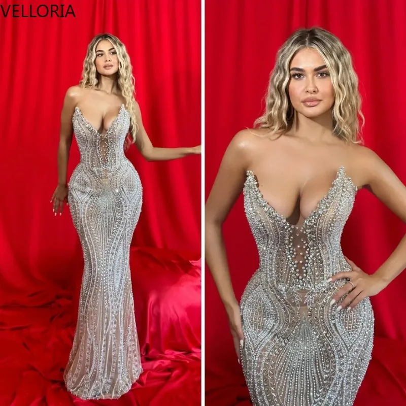Luxury Mermaid Evening Dress Strapless Crystals Pearls Prom Gown Vestidos de noche Party Dress Vestdos De Fiesta Customized
Luxury Mermaid Evening Dress Strapless Crystals Pearls Prom Gown Vestidos de noche Party Dress Vestdos De Fiesta Customized