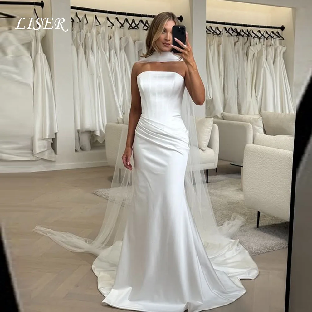 Liser Strapless Mermaid Ivory Wedding Dresses Silk Satin Elegant Bridal Gowns Customized robe de mariée With Shawl
Liser Strapless Mermaid Ivory Wedding Dresses Silk Satin Elegant Bridal Gowns Customized robe de mariée With Shawl