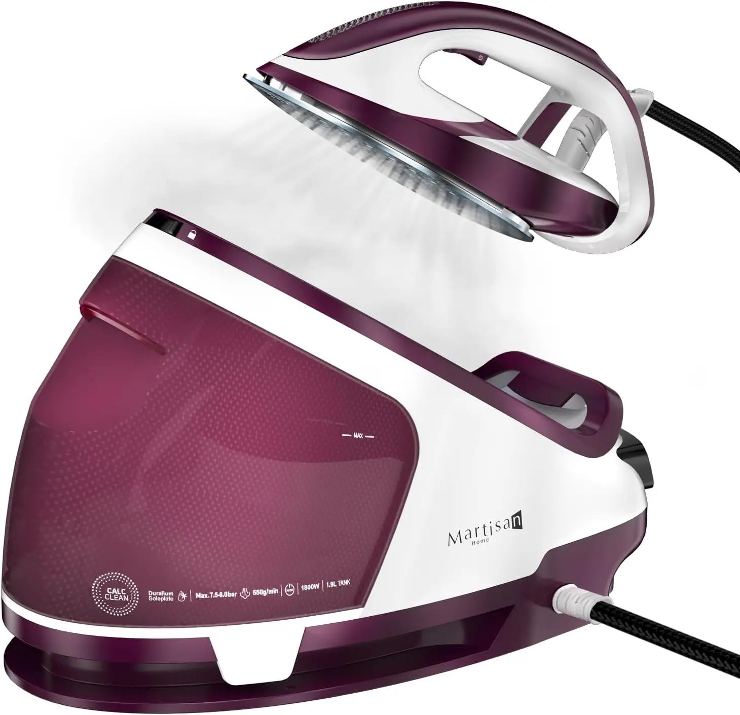 Steam Generator Iron 1800W 8 Bar 1.9L 550g/min Burst Ceramic Soleplate Auto Off Fast Wrinkle Removal Purple
Steam Generator Iron 1800W 8 Bar 1.9L 550g/min Burst Ceramic Soleplate Auto Off Fast Wrinkle Removal Purple