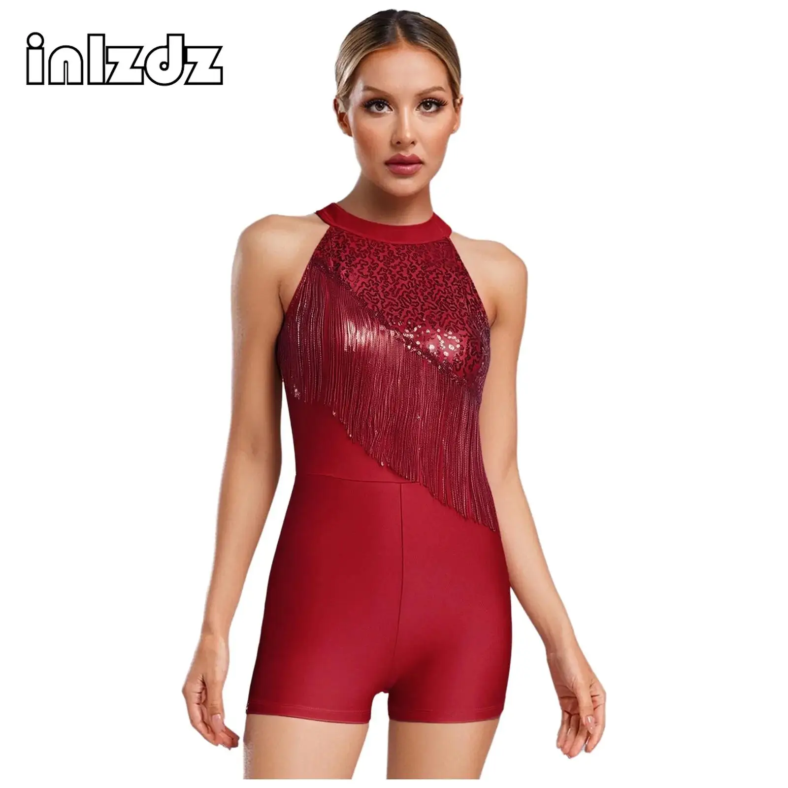 Womens Sparkly Sequin Tassel Latin Rompers Sleeveless Chest Fringe Boylegs Shorts Bodysuit Jumpsuit for Chacha Spanish Dance
Womens Sparkly Sequin Tassel Latin Rompers Sleeveless Chest Fringe Boylegs Shorts Bodysuit Jumpsuit for Chacha Spanish Dance