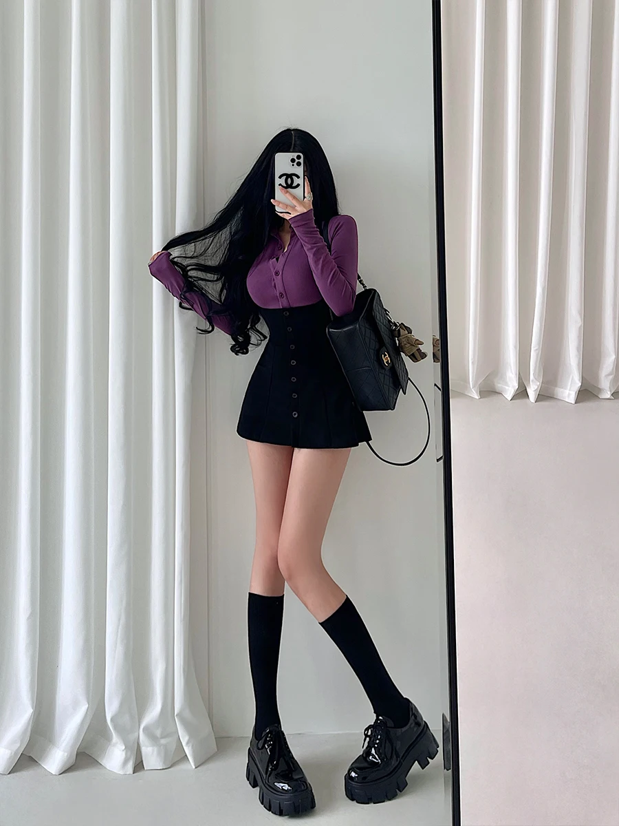 YoungGirlDay Sexy Pure Long Sleeve T-shirt Neck Hanging Skirt Set with Flip Collar Single Button Women's Fashion Autumn 2023
YoungGirlDay Sexy Pure Long Sleeve T-shirt Neck Hanging Skirt Set with Flip Collar Single Button Women's Fashion Autumn 2023