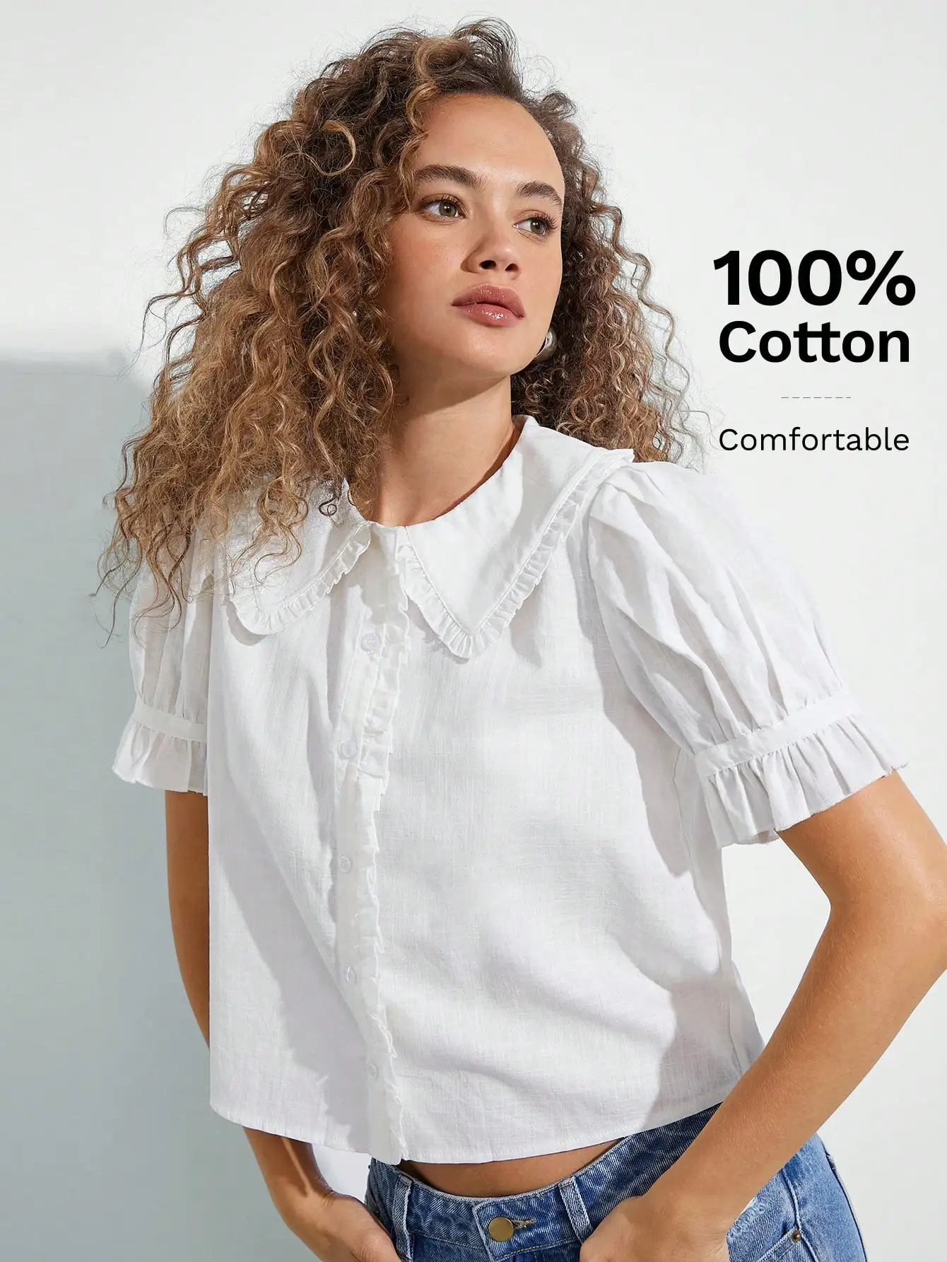 White Ruffle Collar Puff Sleeve Button Up Blouse Casual Women Top
White Ruffle Collar Puff Sleeve Button Up Blouse Casual Women Top