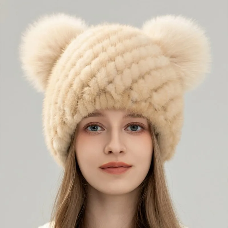 New real mink fur knitted hat Women warm winter fox fur pompoms ear-protecting hats Girls fashion cute luxury 100% mink fur caps
New real mink fur knitted hat Women warm winter fox fur pompoms ear-protecting hats Girls fashion cute luxury 100% mink fur caps