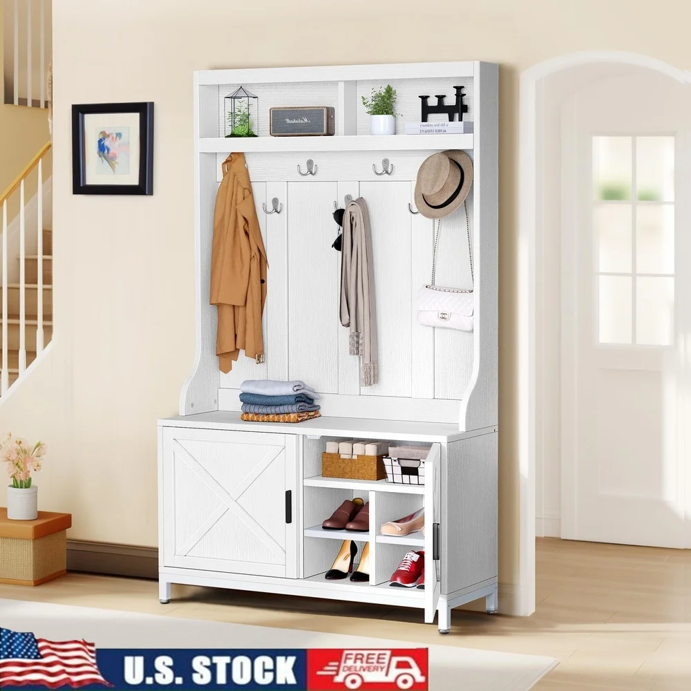 4-in-1 Farmhouse Hall Tree with Storage Bench Coat Rack 14 Hooks Shoe Cabinet Entryway Organizer White Wood Steel Frame
4-in-1 Farmhouse Hall Tree with Storage Bench Coat Rack 14 Hooks Shoe Cabinet Entryway Organizer White Wood Steel Frame