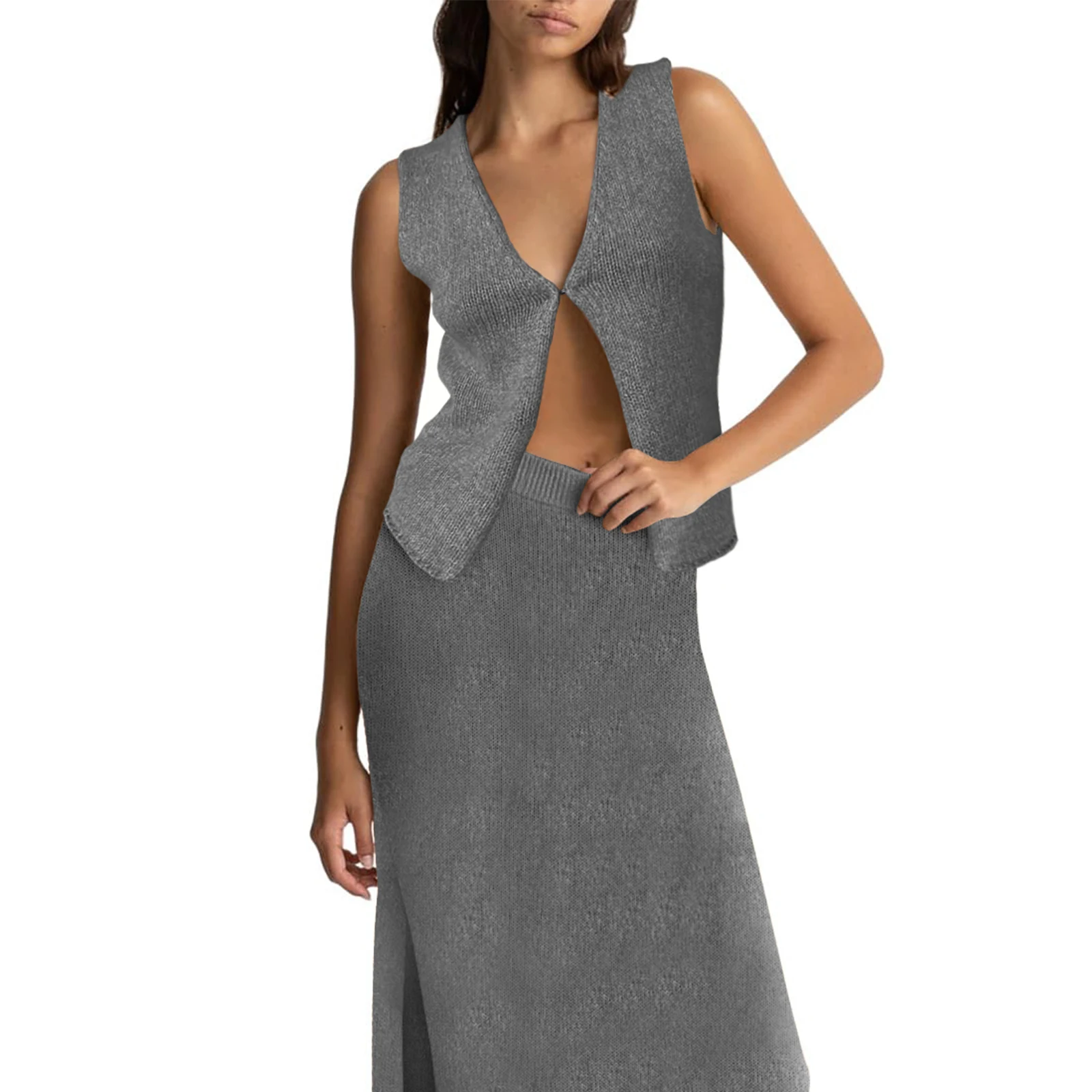 Women's 2 Piece Skirt Outfits Summer Casual Solid Color Sleeveless V Neck Open Front Tank Tops Long Knit Skirt Set
Women's 2 Piece Skirt Outfits Summer Casual Solid Color Sleeveless V Neck Open Front Tank Tops Long Knit Skirt Set