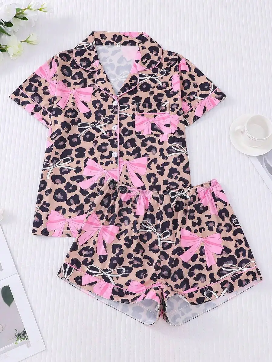 Leopard Print Bowknot Women Pajama Set Short Sleeve Collar Top And Elastic Waist Shorts Sleepwear Loungewear
Leopard Print Bowknot Women Pajama Set Short Sleeve Collar Top And Elastic Waist Shorts Sleepwear Loungewear