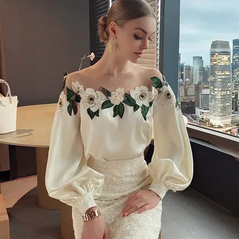 2024 Summer Women's Long-sleeved Lower Shoulder Net Embroidered Satin Shirt Women's Top Women's Blue Chiffon Shirt
2024 Summer Women's Long-sleeved Lower Shoulder Net Embroidered Satin Shirt Women's Top Women's Blue Chiffon Shirt