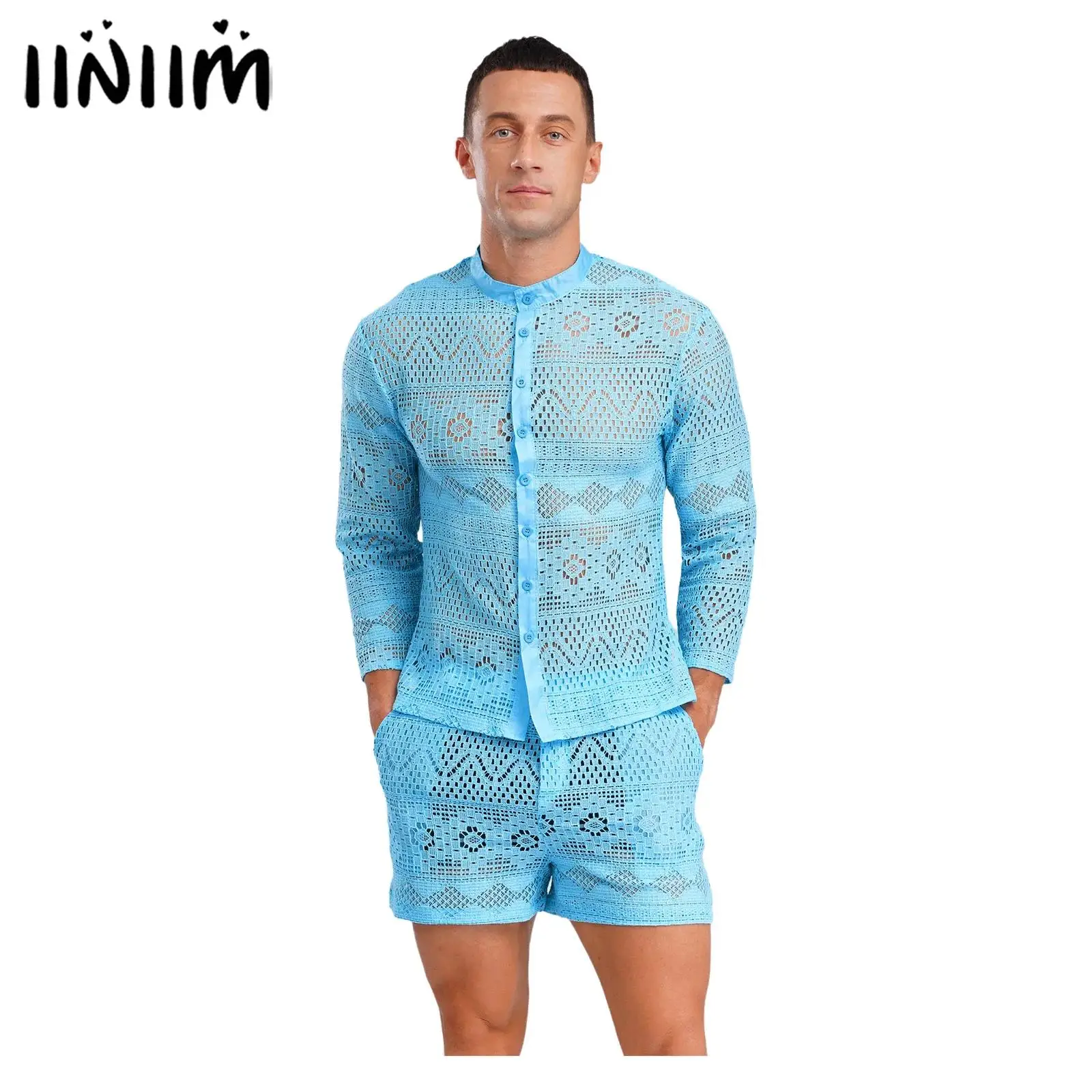 2Pcs Men's Set Sport Tracksuit Hollow Out Lace Long Sleeves Button Down Shirt with Casual Shorts Set Summer Clothes Beach Outfit
2Pcs Men's Set Sport Tracksuit Hollow Out Lace Long Sleeves Button Down Shirt with Casual Shorts Set Summer Clothes Beach Outfit