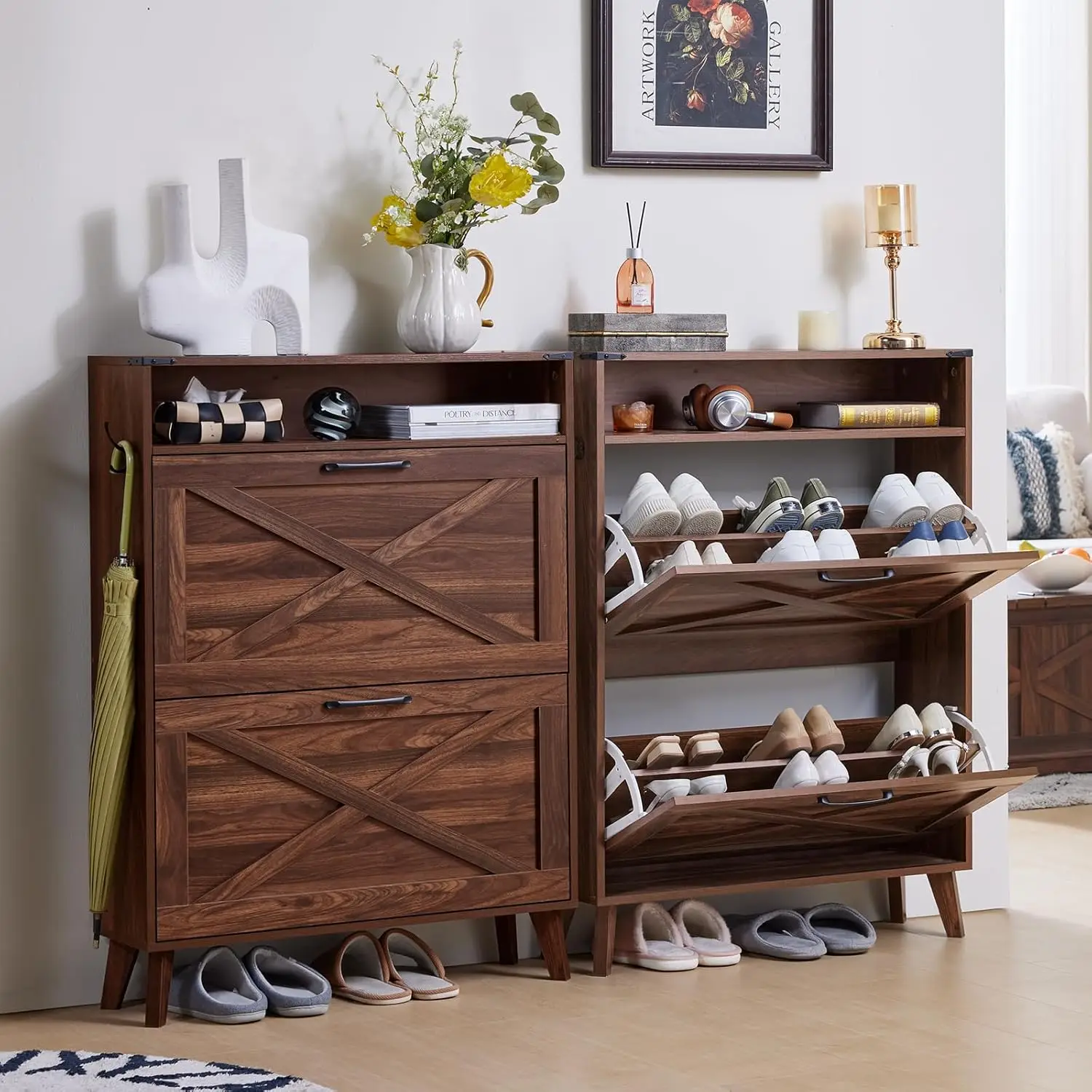 Shoe Storage Cabinet with 4 Flip Drawers, Farmhouse Shoes Organizer for Entryway, Narrow Hidden Shoe Rack
Shoe Storage Cabinet with 4 Flip Drawers, Farmhouse Shoes Organizer for Entryway, Narrow Hidden Shoe Rack