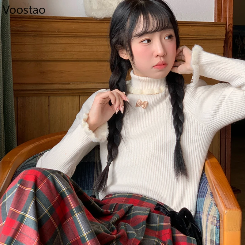 Autumn Winter Sweet Lolita Knitted Pullovers Women Sweet Bow Turtleneck Faux Fur Patchwork Warm Sweater Girls Cute Knitwear Tops
Autumn Winter Sweet Lolita Knitted Pullovers Women Sweet Bow Turtleneck Faux Fur Patchwork Warm Sweater Girls Cute Knitwear Tops