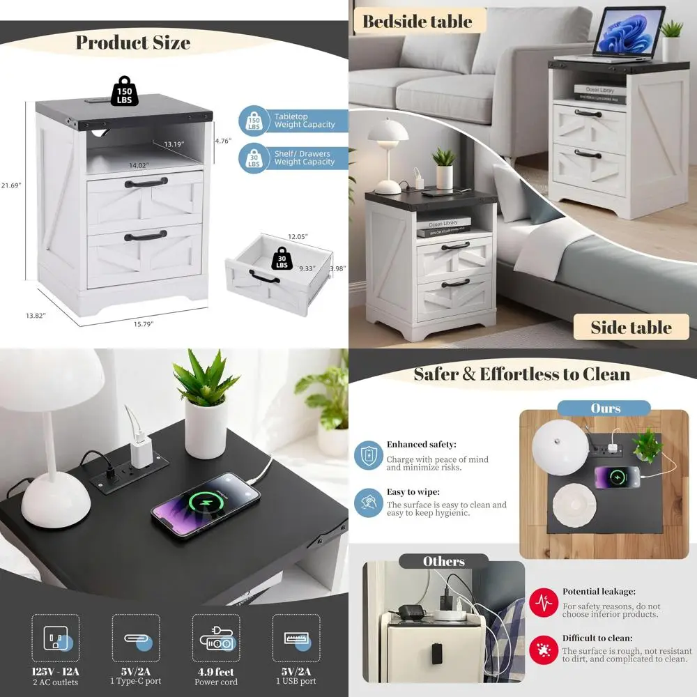 White Nightstand with Charging Station, 2-Drawer USB Ports, Industrial Style, Bedroom Side Table, Sturdy Wood Construction
White Nightstand with Charging Station, 2-Drawer USB Ports, Industrial Style, Bedroom Side Table, Sturdy Wood Construction