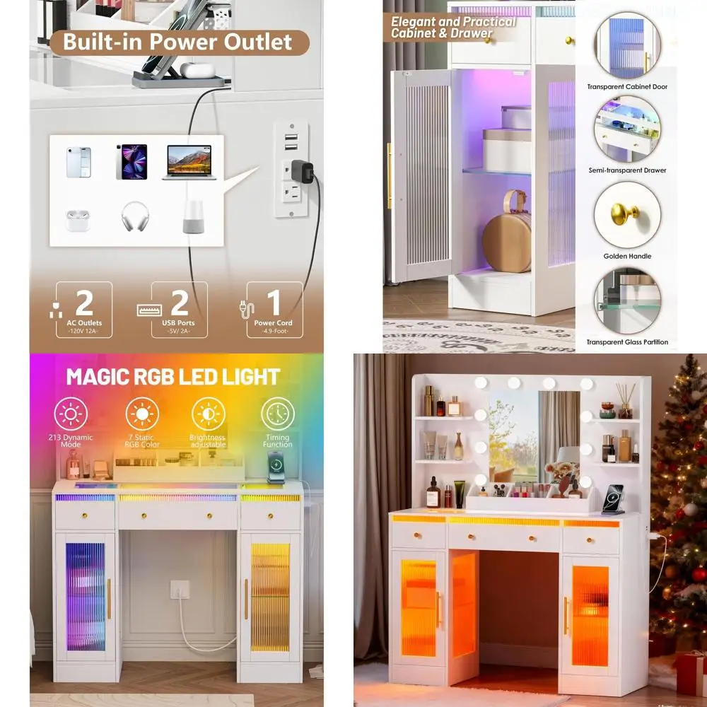 39.4 LED-lit Glass Top Makeup Vanity Desk with Charging, 3 Drawers & 2 RGB Cabinets
39.4 LED-lit Glass Top Makeup Vanity Desk with Charging, 3 Drawers & 2 RGB Cabinets