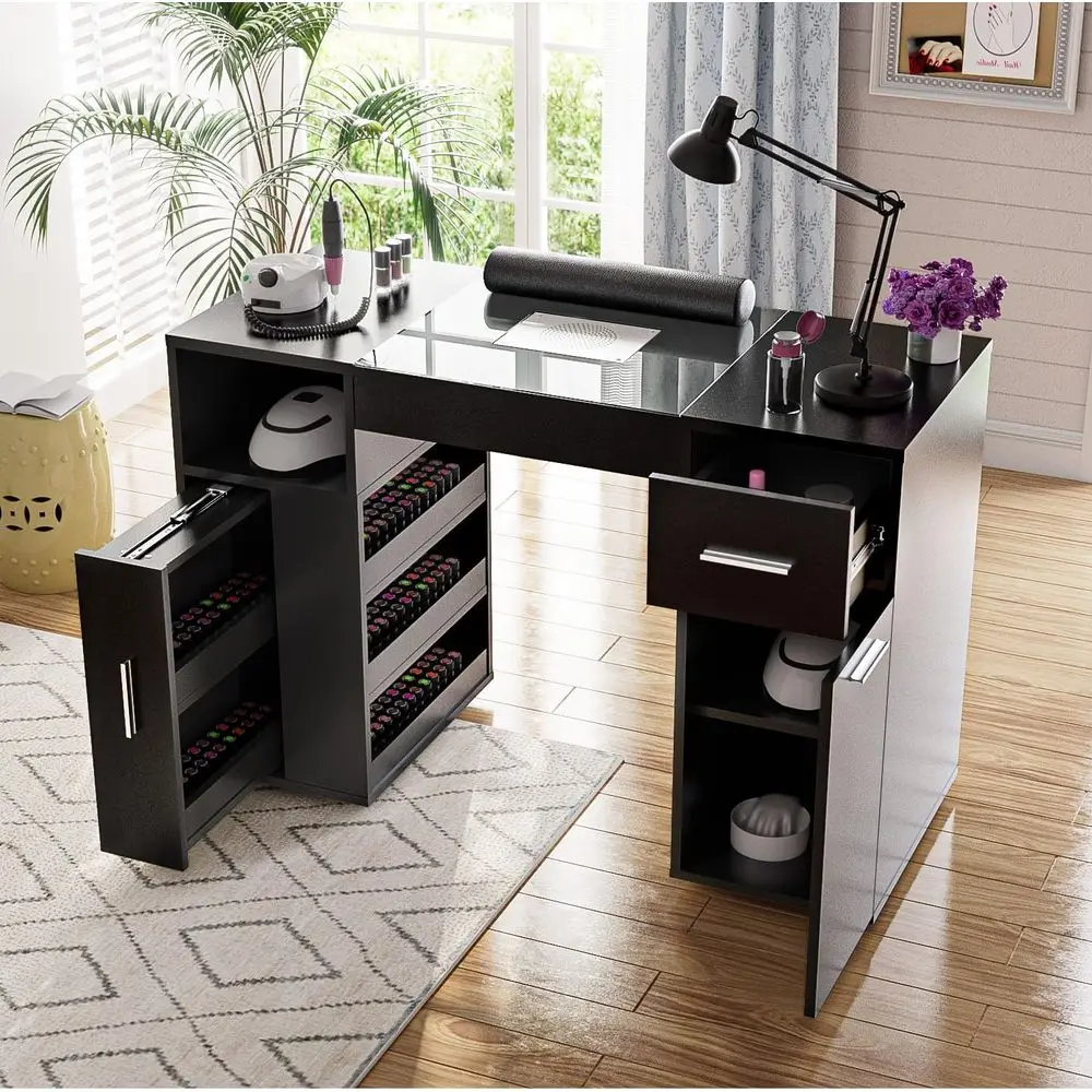Glass Top Manicure Desk with Wrist Rest, Acrylic Resistant Nail Station, Storage Cabinet, Black
Glass Top Manicure Desk with Wrist Rest, Acrylic Resistant Nail Station, Storage Cabinet, Black