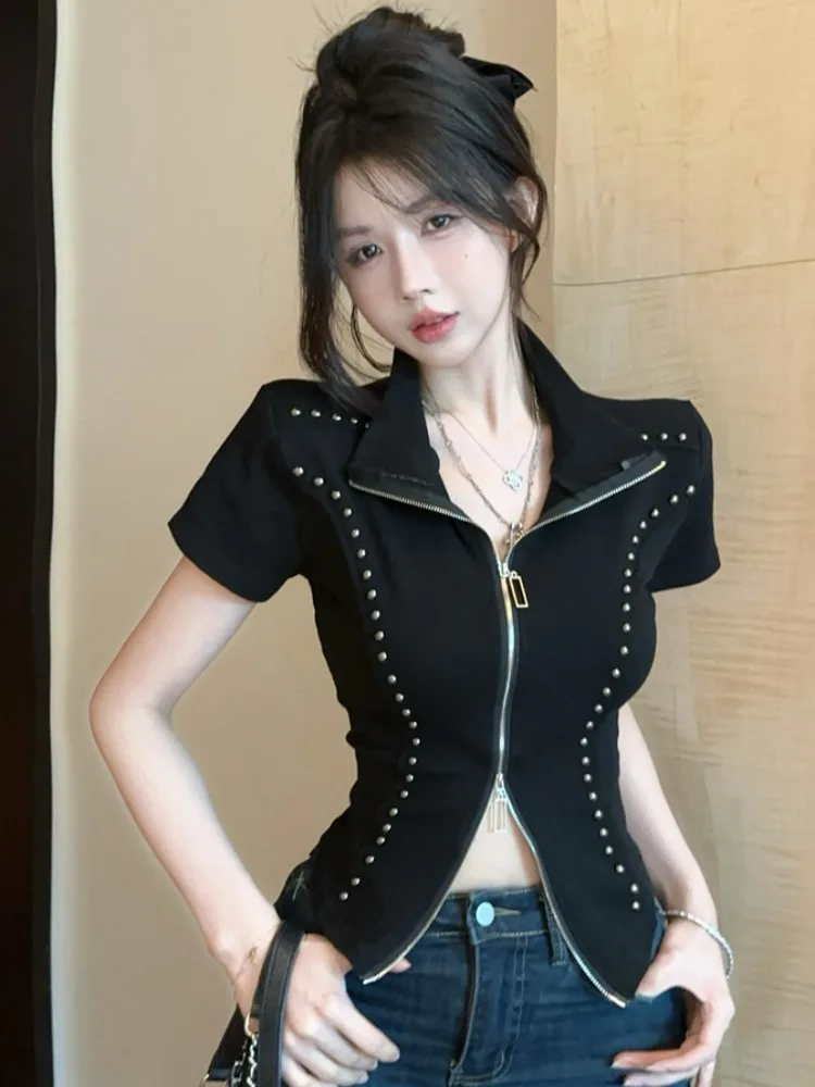 American Style Spicy Girl Heavy Duty Rivet Turn Collar Short Sleeve T-Shirt Women Irregular Fashion Zipper Open Cardigan Swee...
American Style Spicy Girl Heavy Duty Rivet Turn Collar Short Sleeve T-Shirt Women Irregular Fashion Zipper Open Cardigan Swee...