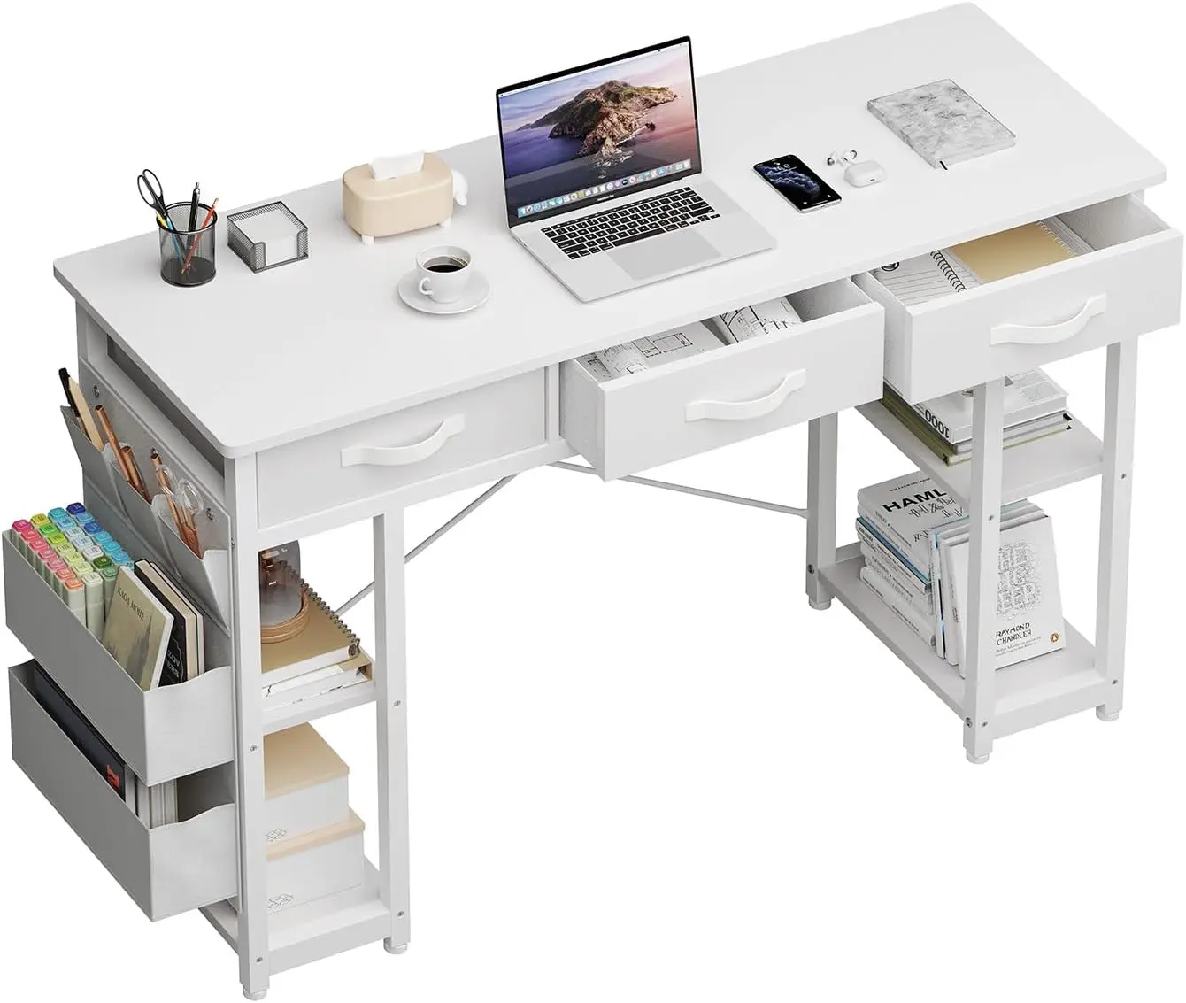 47" White Computer Desk with Fabric Drawers & Storage Shelves, Small Office Desk, Home Office Desk, Study Writing Table
47" White Computer Desk with Fabric Drawers & Storage Shelves, Small Office Desk, Home Office Desk, Study Writing Table