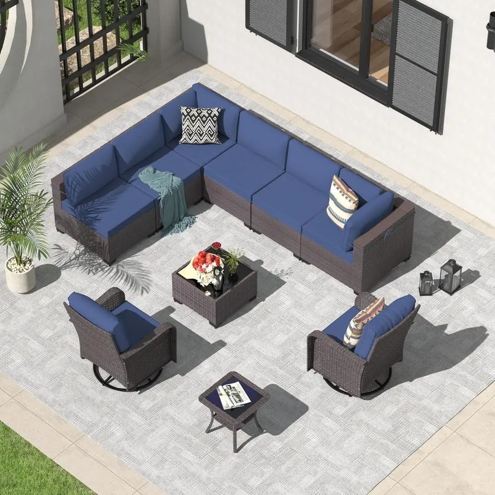 10-Piece Outdoor Wicker Patio Furniture Set with Swivel Chairs, Sectional Sofa, Coffee Table, and Washable Cushions - Sky Blue
10-Piece Outdoor Wicker Patio Furniture Set with Swivel Chairs, Sectional Sofa, Coffee Table, and Washable Cushions - Sky Blue