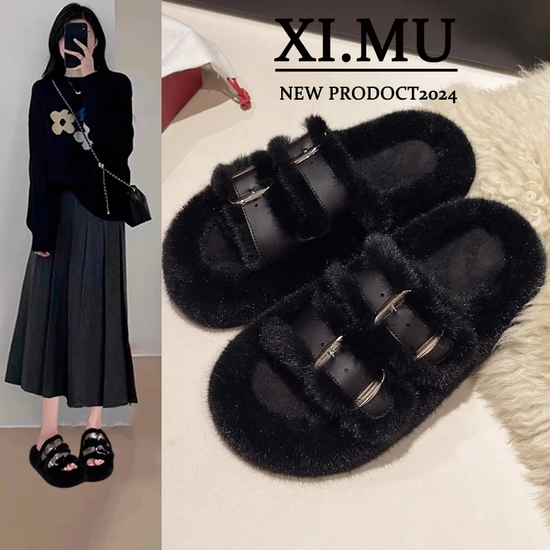 Шлепанцы женские домашние на платформе, роскошные меховые сланцы, плюшевая обувь, большие размеры, зимние тапочки, 2024