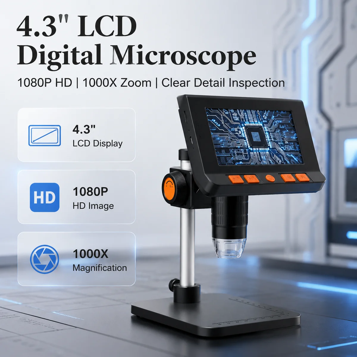 50-1000X Zoom 4.3" LCD Electronic Microscope 1080P HD Soldering USB Magnifier Phone PCB Coin Repair Inspection Tool Stand
50-1000X Zoom 4.3" LCD Electronic Microscope 1080P HD Soldering USB Magnifier Phone PCB Coin Repair Inspection Tool Stand