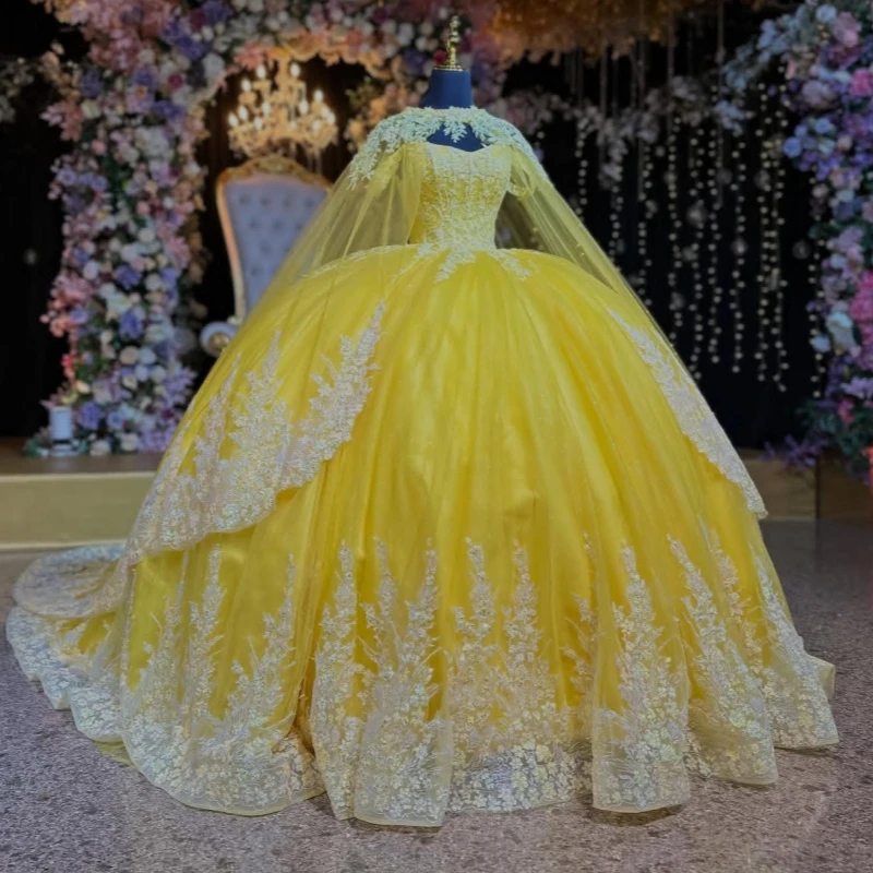 Yellow Shiny Quinceanera Dresses Ball Gown Off The Shoulder Applique Lace Beading Crystal Tull With Cape Corset Party Birthday
Yellow Shiny Quinceanera Dresses Ball Gown Off The Shoulder Applique Lace Beading Crystal Tull With Cape Corset Party Birthday