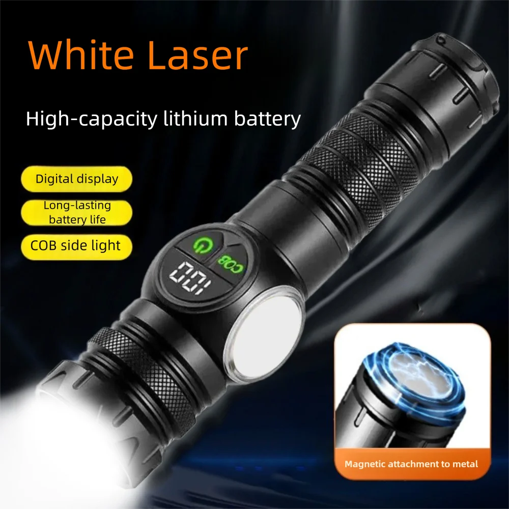 White Laser LED Flashlight With Display Zoom function Long Range Lamp COB Side Light Tail Magnet USB Rechargeable Torch
White Laser LED Flashlight With Display Zoom function Long Range Lamp COB Side Light Tail Magnet USB Rechargeable Torch