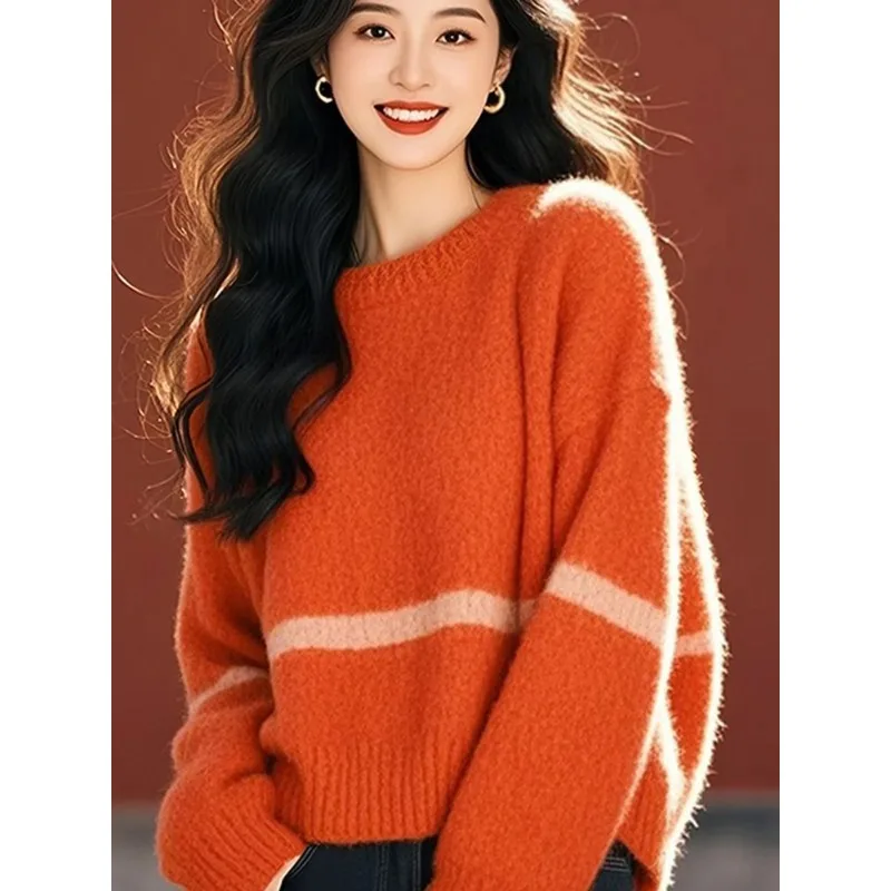 Orange Striped Half Turtleneck Thickened Loose Knitted Sweater Women's Autumn And Winter Round Neck Top
Orange Striped Half Turtleneck Thickened Loose Knitted Sweater Women's Autumn And Winter Round Neck Top
