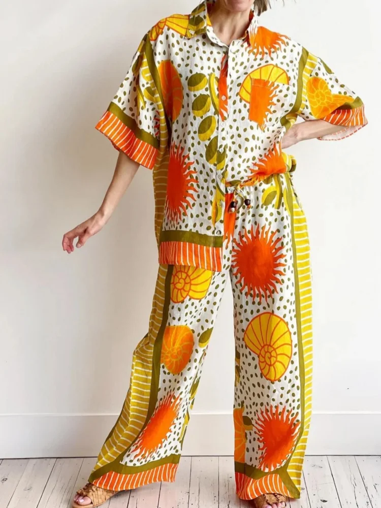 European Fashion Orange Graphic Beach Shirts Wide Leg Pants 2 Piece Sets Women Outfits Conch Striped Patchwork Vacation Clothing
European Fashion Orange Graphic Beach Shirts Wide Leg Pants 2 Piece Sets Women Outfits Conch Striped Patchwork Vacation Clothing