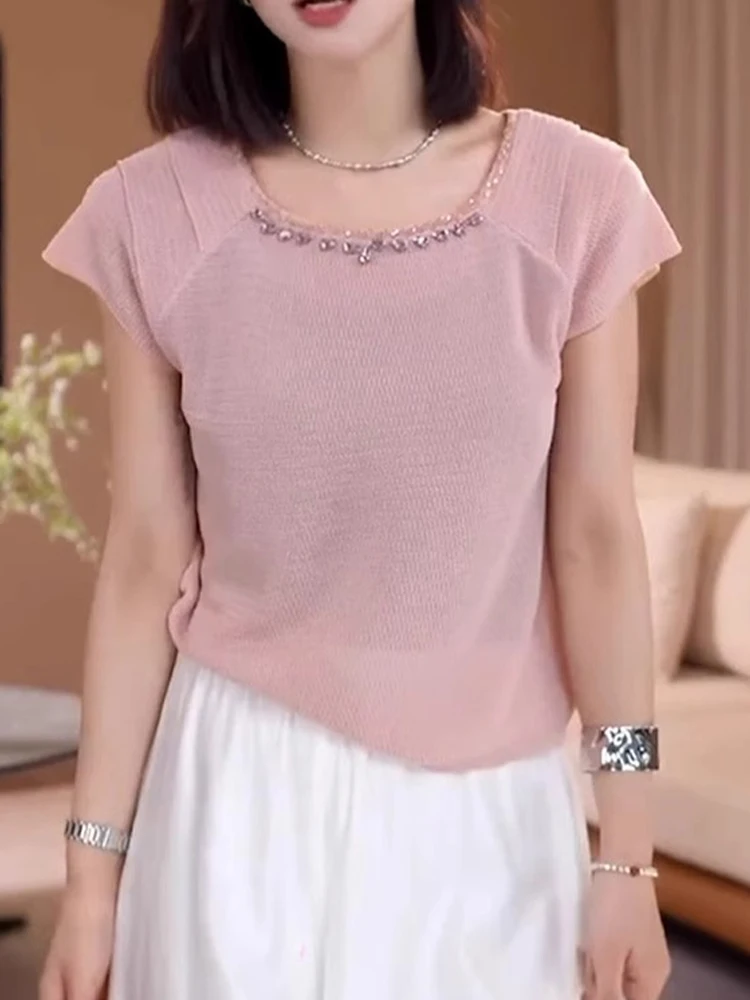 Модный трикотажный топ из ледяного шелка с роскошной отделкой и стразами, повседневная летняя внутренняя одежда, милый молодежный стиль, короткий рукав
Модный трикотажный топ из ледяного шелка с роскошной отделкой и стразами, повседневная летняя внутренняя одежда, милый молодежный стиль, короткий рукав