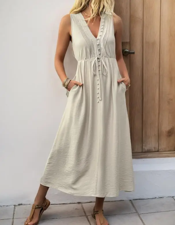 Summer 2025 Women's Solid Color V-Neck Skirt Casual Sleeveless Dress with Folded Pockets
Summer 2025 Women's Solid Color V-Neck Skirt Casual Sleeveless Dress with Folded Pockets