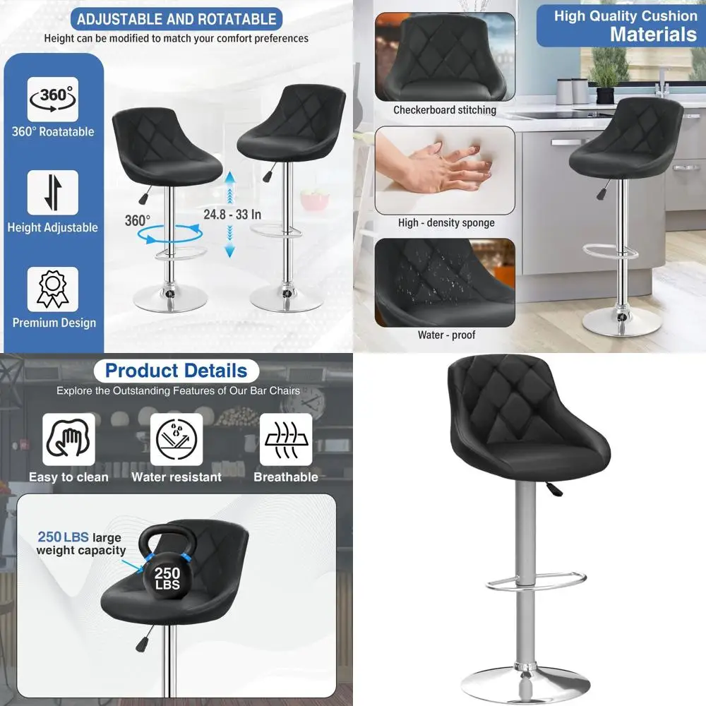 Pair of Adjustable Swivel Bar Stools with PU Leather Seat and Back, Height-Adjustable for Kitchen and Dining (Black)
Pair of Adjustable Swivel Bar Stools with PU Leather Seat and Back, Height-Adjustable for Kitchen and Dining (Black)