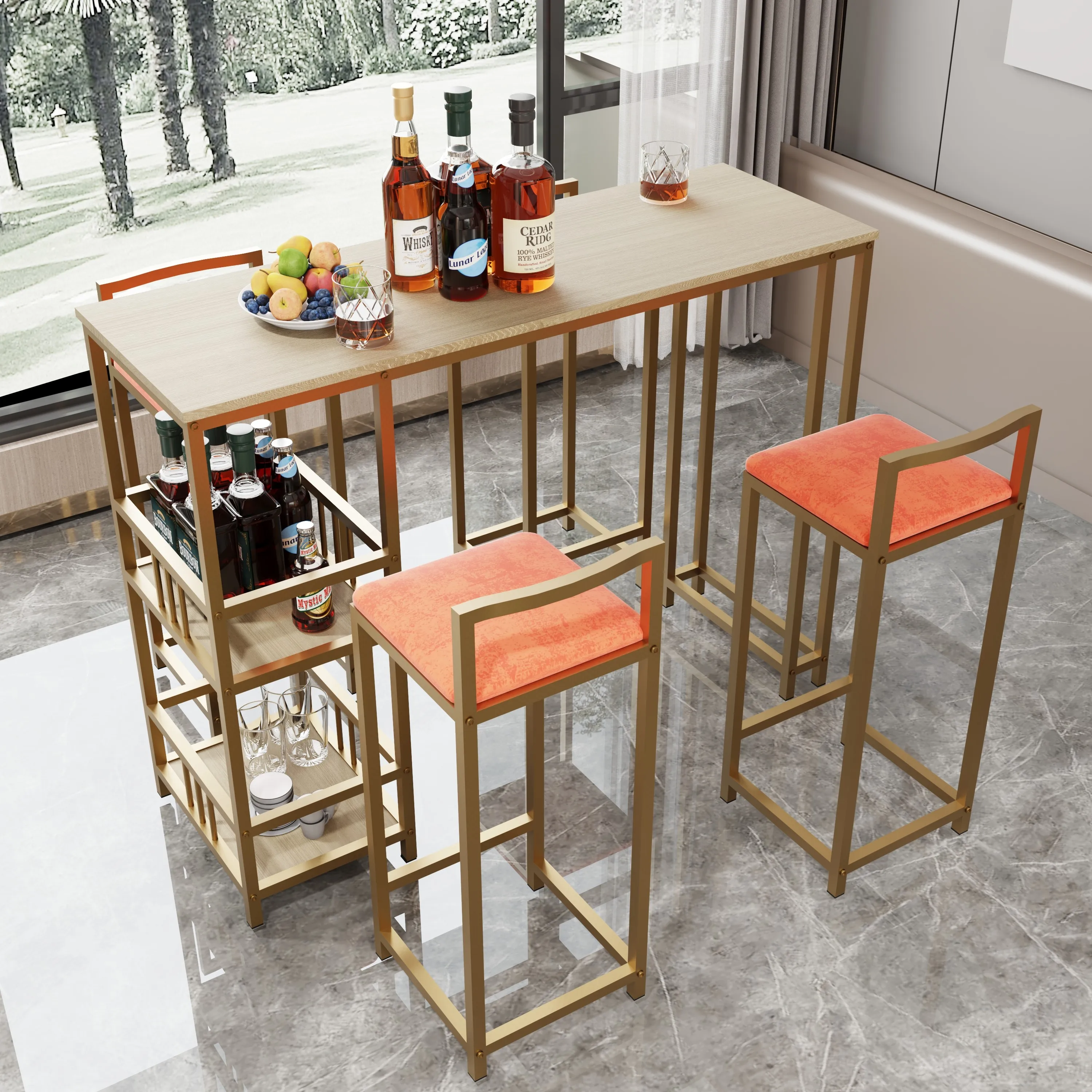 A five-piece modern dining bar table and chair set with golden brown orange cushions made of sponge
A five-piece modern dining bar table and chair set with golden brown orange cushions made of sponge