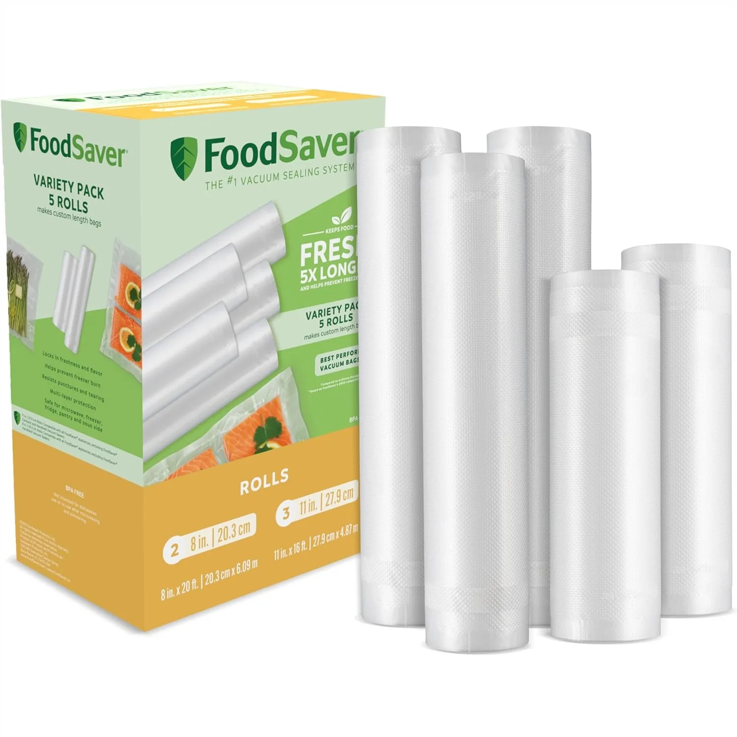 Vacuum Sealer Bags Multipack, 5 Count Rolls for Airtight Food Storage and Sous Vide, 8" (2 Pack) and 11" (3 Pack)
Vacuum Sealer Bags Multipack, 5 Count Rolls for Airtight Food Storage and Sous Vide, 8" (2 Pack) and 11" (3 Pack)