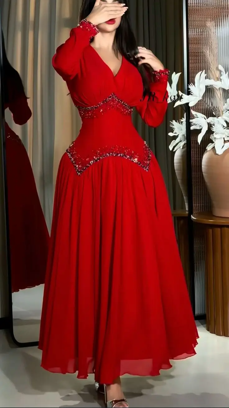Customized Long Sleeves Prom Dresses V Neck Vestidos De Noche Pleated Beadings Women Ankle Length Evening Dresses
Customized Long Sleeves Prom Dresses V Neck Vestidos De Noche Pleated Beadings Women Ankle Length Evening Dresses