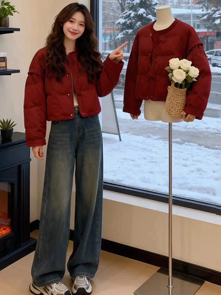 Thickened Cotton Jacket Red round Neck Commute New Year Women's Outerwear Korean Style Loose Fit Long Sleeve Winter Coat
Thickened Cotton Jacket Red round Neck Commute New Year Women's Outerwear Korean Style Loose Fit Long Sleeve Winter Coat