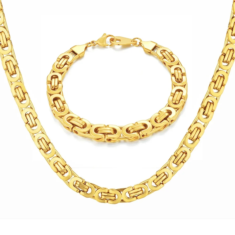 Punk Flat Byzantine Chain Necklace Bracelet Set 8mm Gold Color Stainless Steel Chains For Men Women Vintage Party Jewelry Sets
Punk Flat Byzantine Chain Necklace Bracelet Set 8mm Gold Color Stainless Steel Chains For Men Women Vintage Party Jewelry Sets
